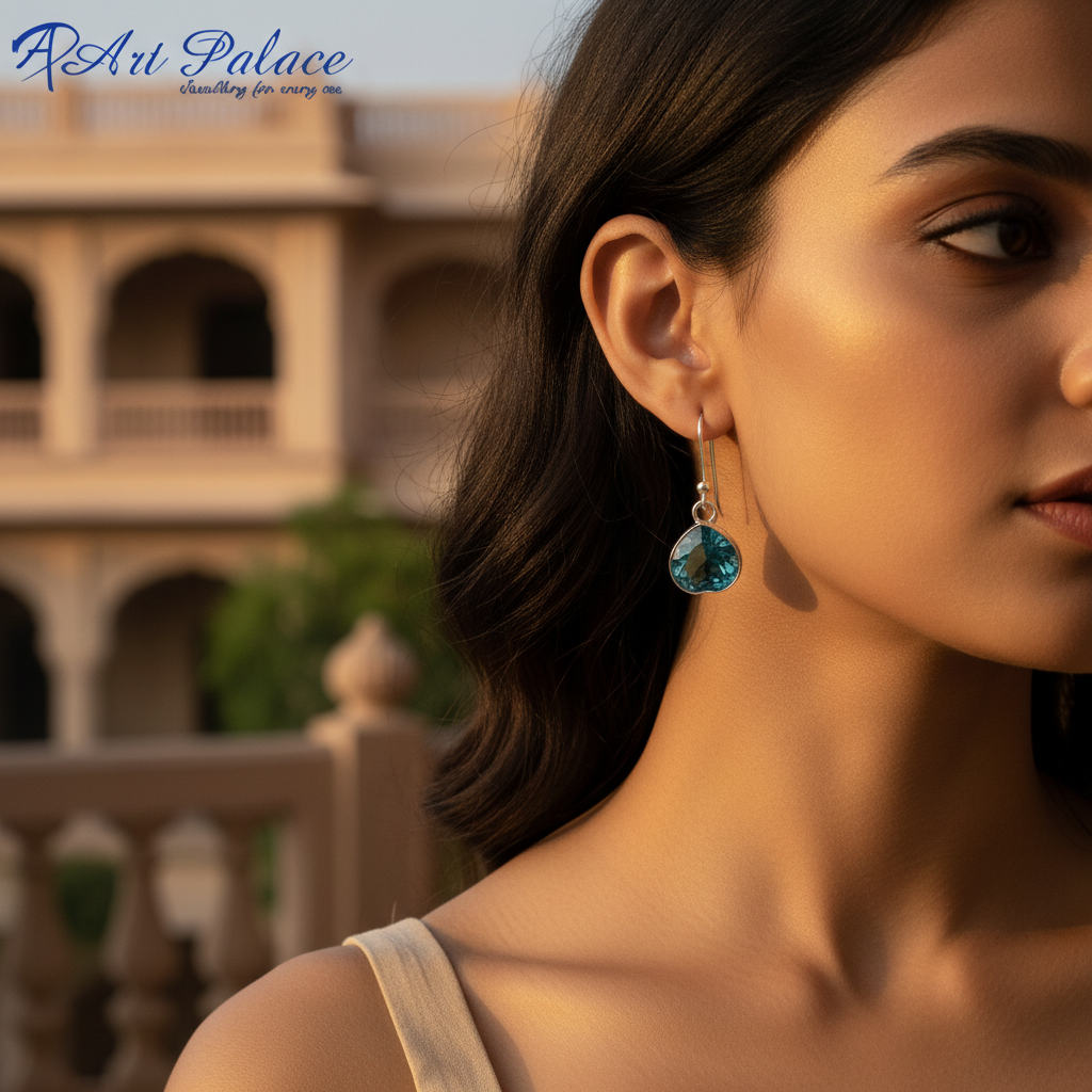 925纯银蓝色托帕石水滴耳环，女士款 | 礼物