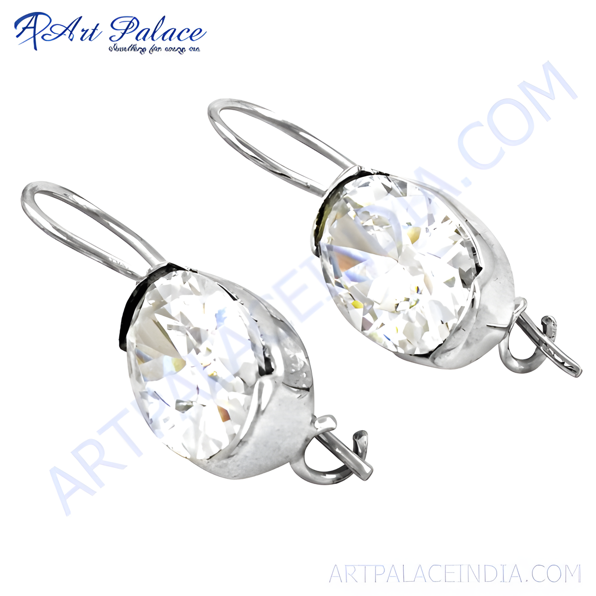 Silver drop earrings featuring oval cut clear crystal gemstones