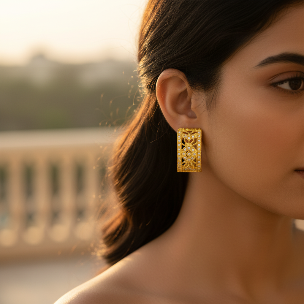 Gold Filigree Hoop Earrings with Cubic Zirconia | Women's Jewelry