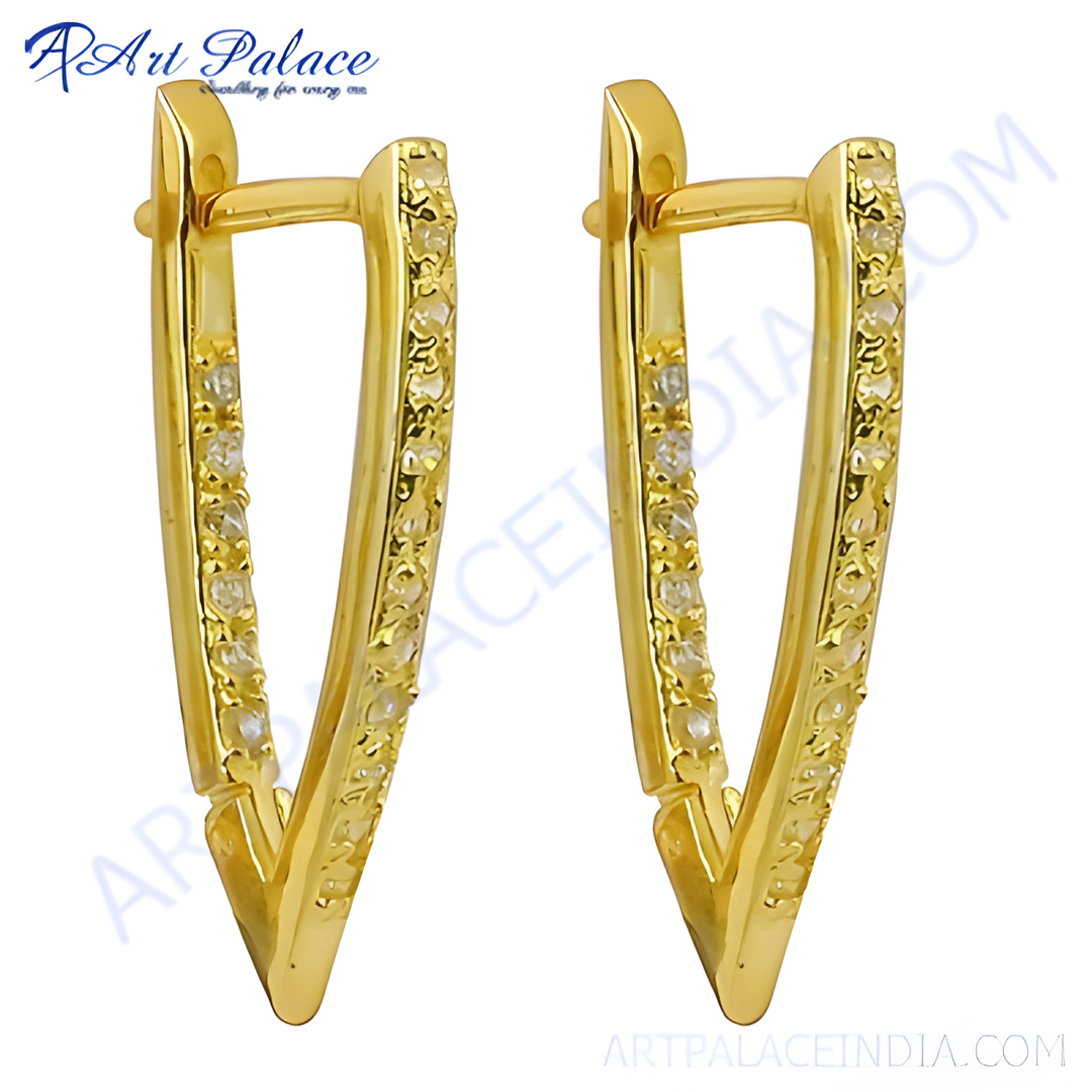 Gold V-shaped hoop earrings with sparkling cubic zirconia stones, perfect for women.
