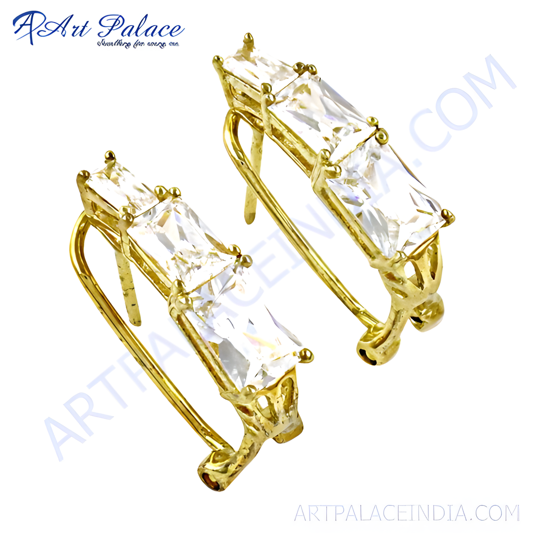 Gold ear climbers with sparkling cubic zirconia stones, perfect for adding elegance to any outfit.