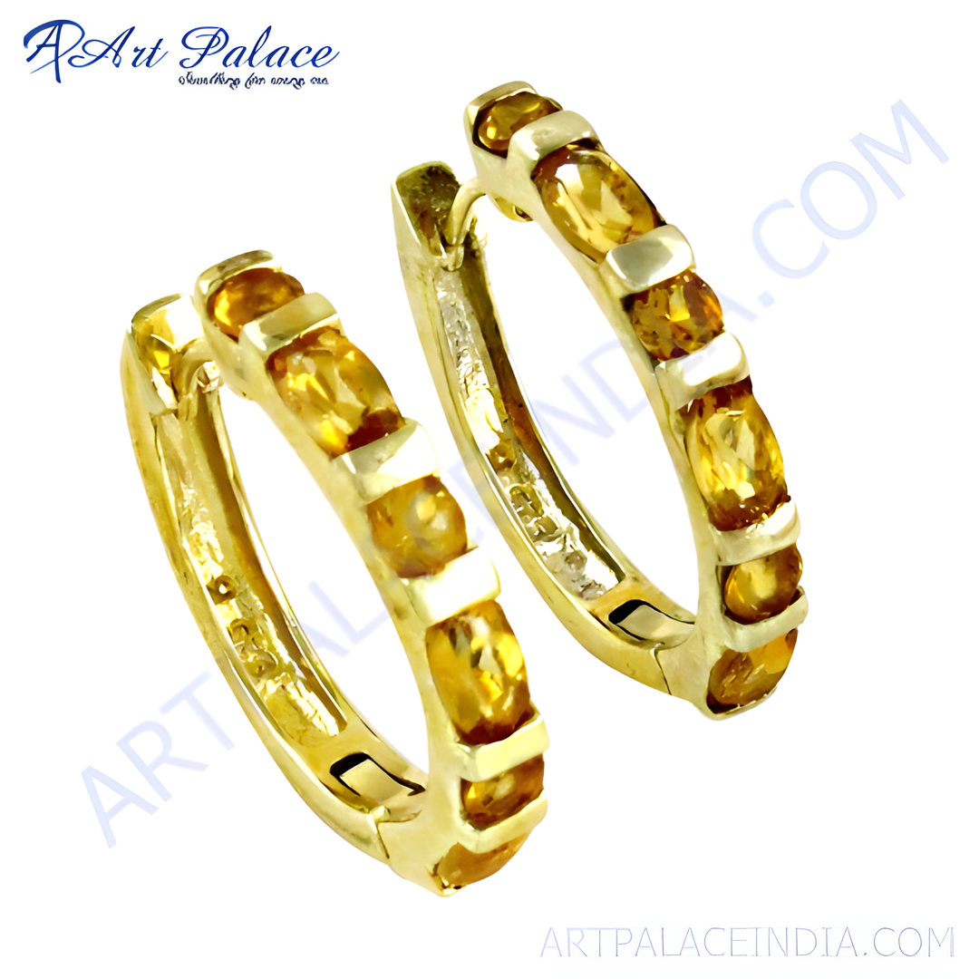 Gold citrine hoop earrings featuring vibrant yellow citrine gemstones for women.