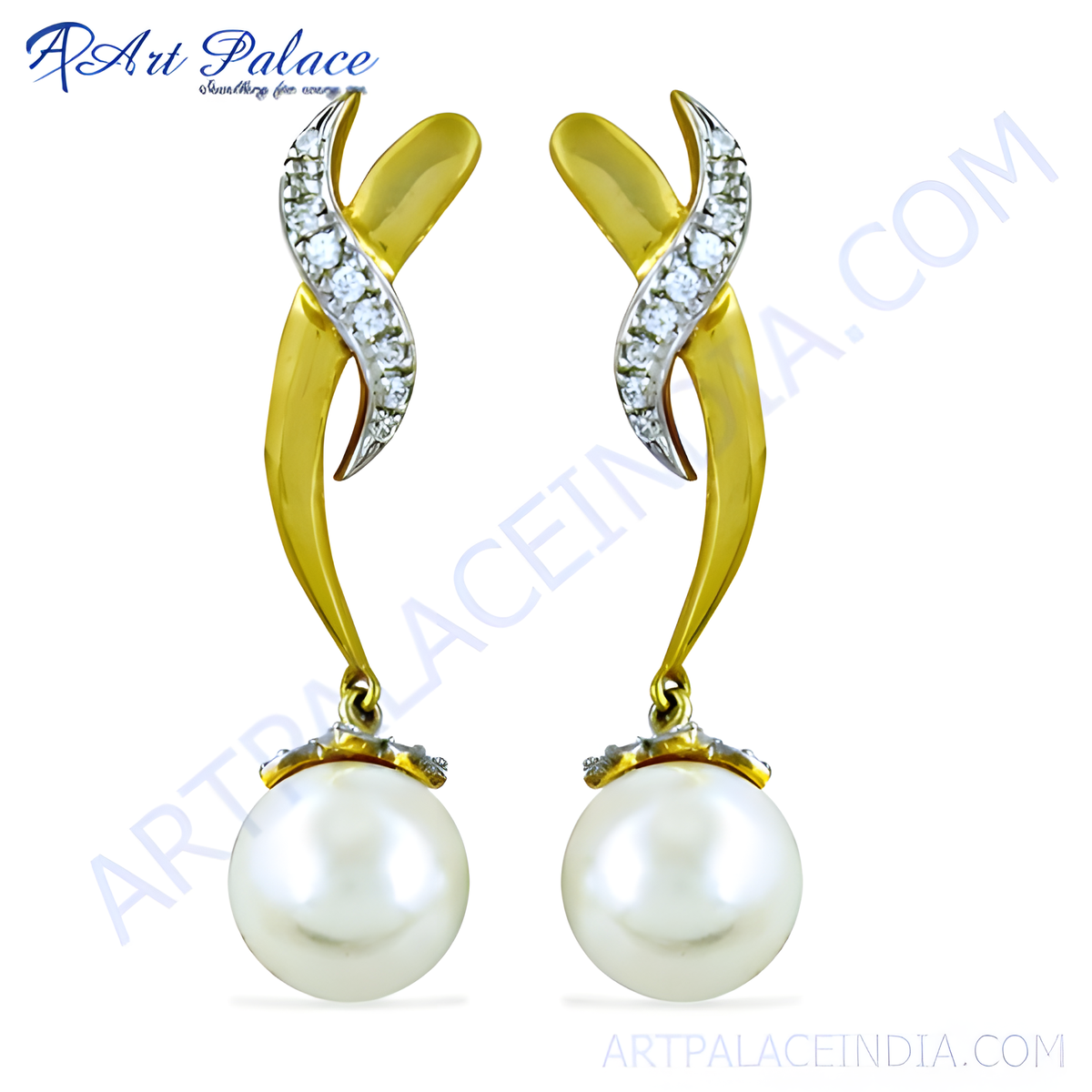 Gold pearl drop earrings with white pearls and sparkling accents, perfect for women's elegant jewelry