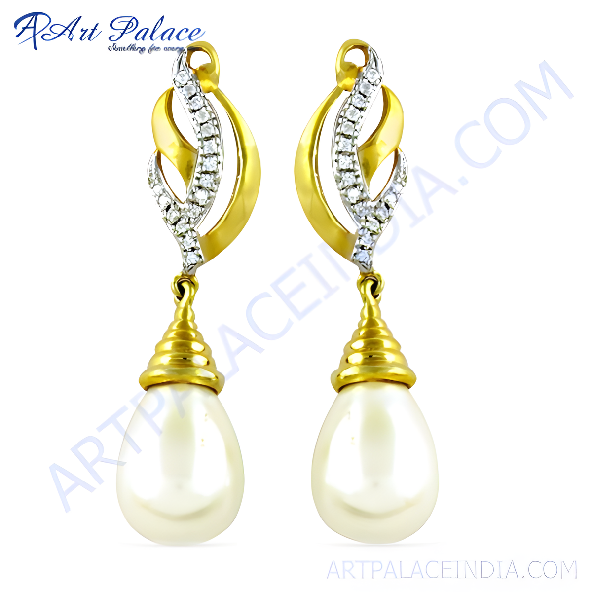 Gold drop earrings with white pearl drops and diamond accents, elegant jewelry for women