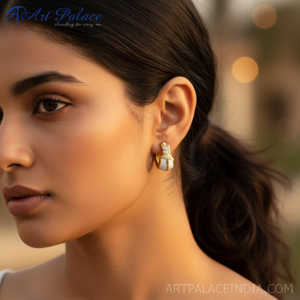 Gold white enamel diamond hoop earrings | women's jewelry