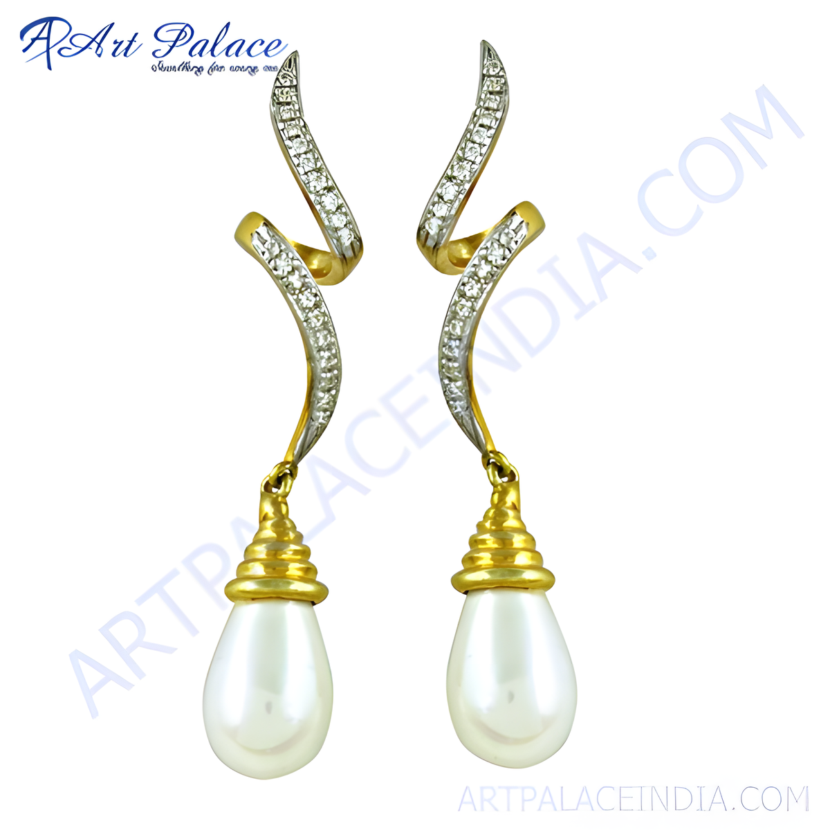 Gold drop earrings with pear shaped pearls and diamond accents on a white background