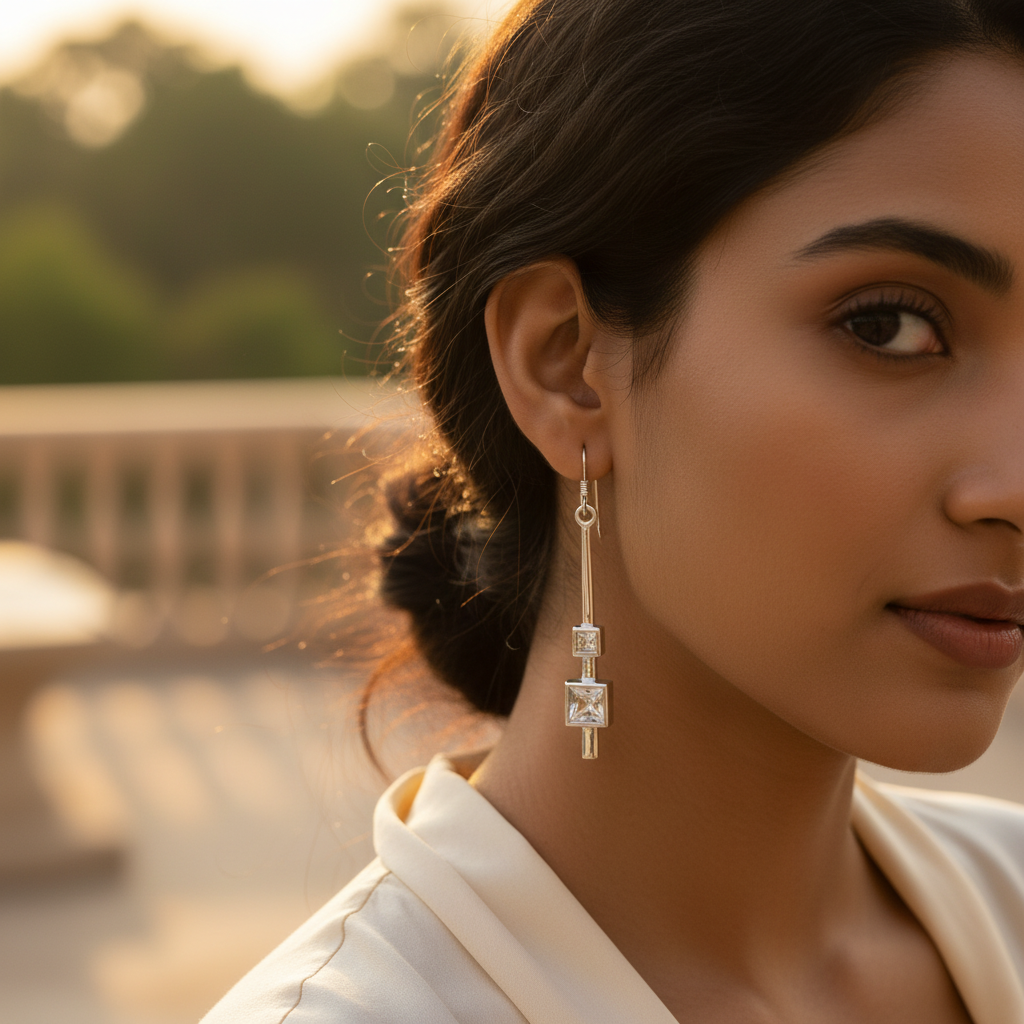 925纯银方形立方氧化锆水滴耳环（女士款）