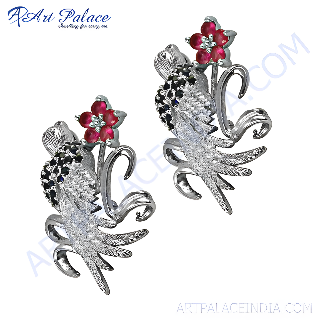Silver floral bird stud earrings with red and black gemstones, women's jewelry