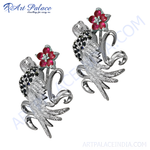 Load image into Gallery viewer, Silver floral bird stud earrings with red and black gemstones, women's jewelry
