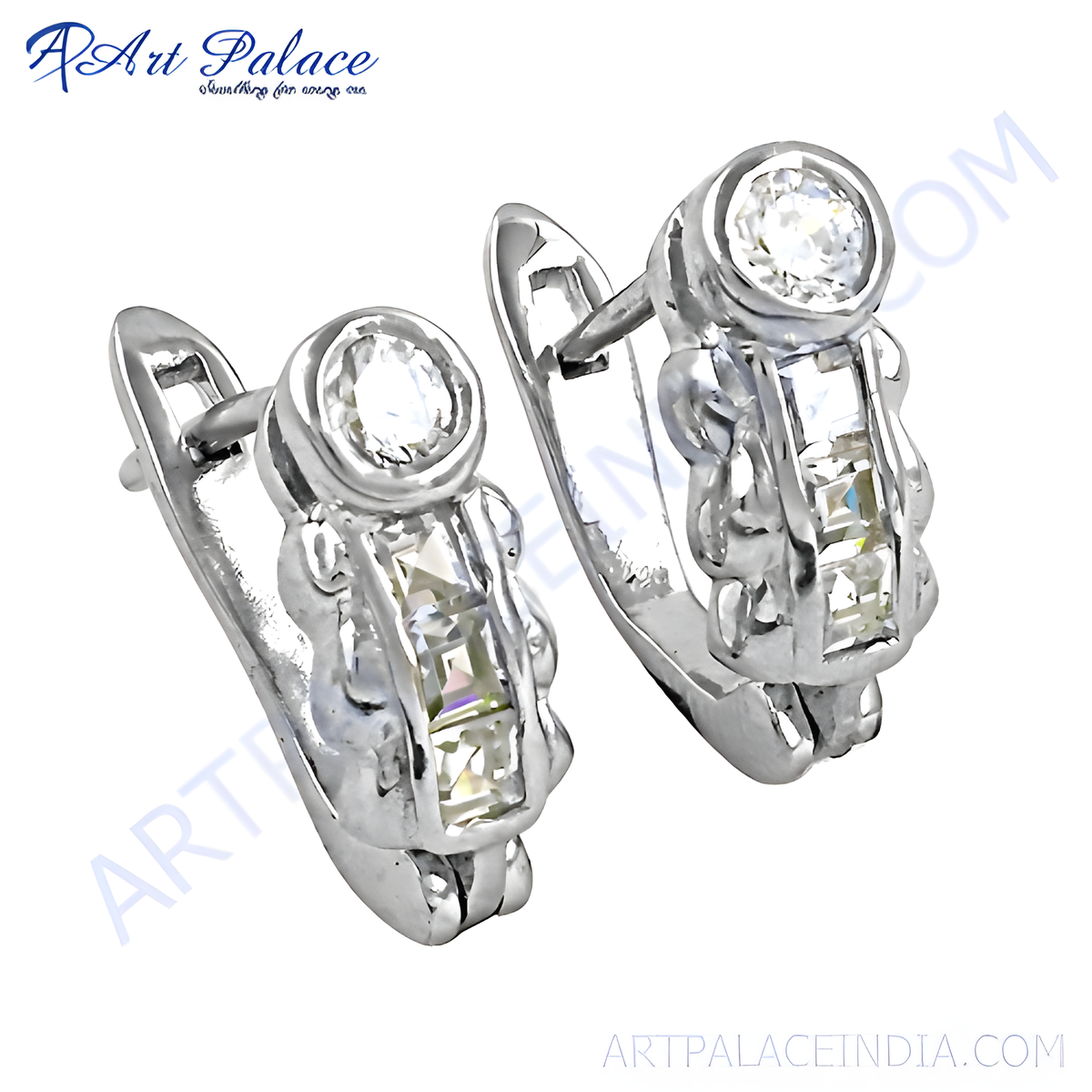 Silver hoop earrings with sparkling cubic zirconia stones, perfect for women's jewelry and gifting