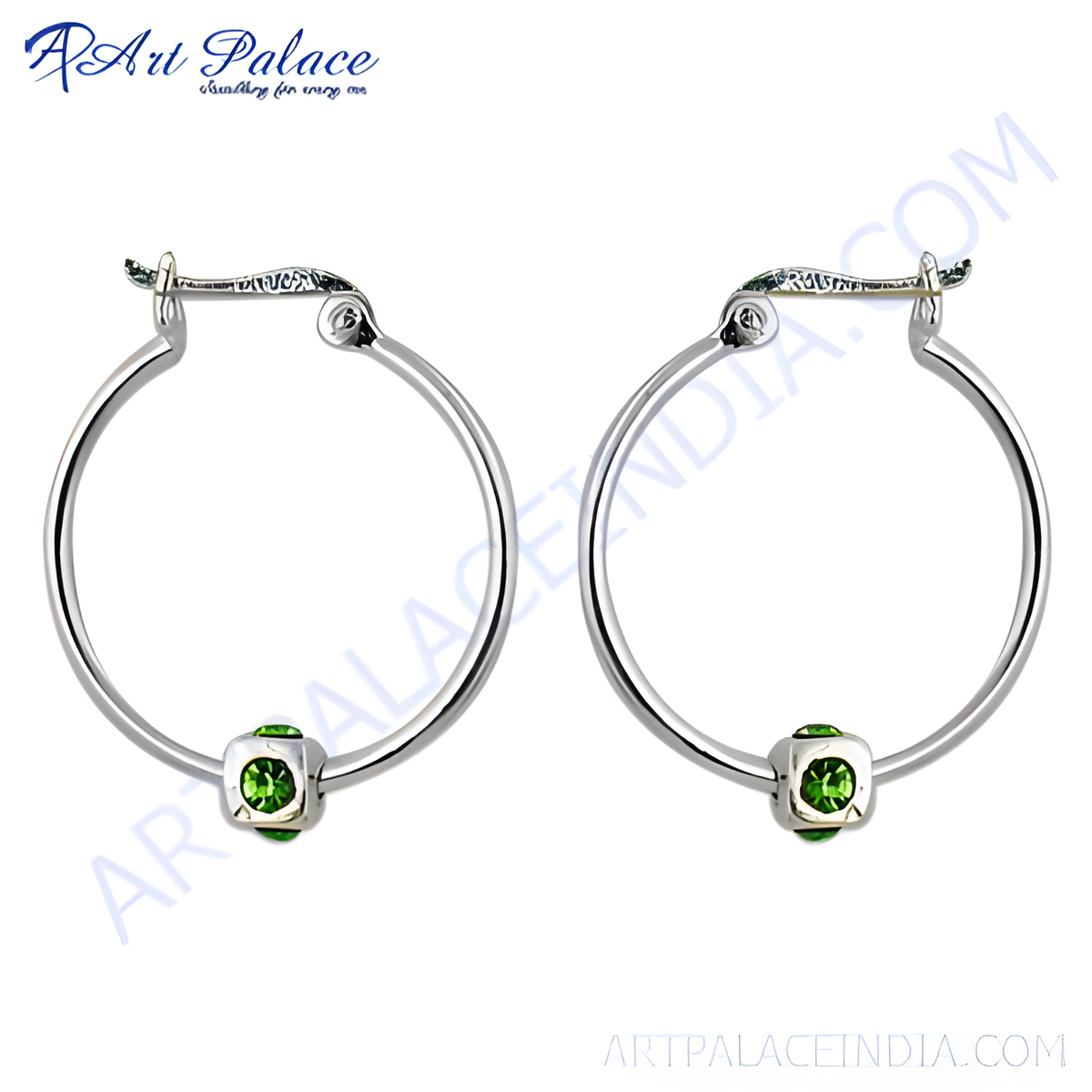 Sterling silver hoop earrings with square cut green gemstones for women