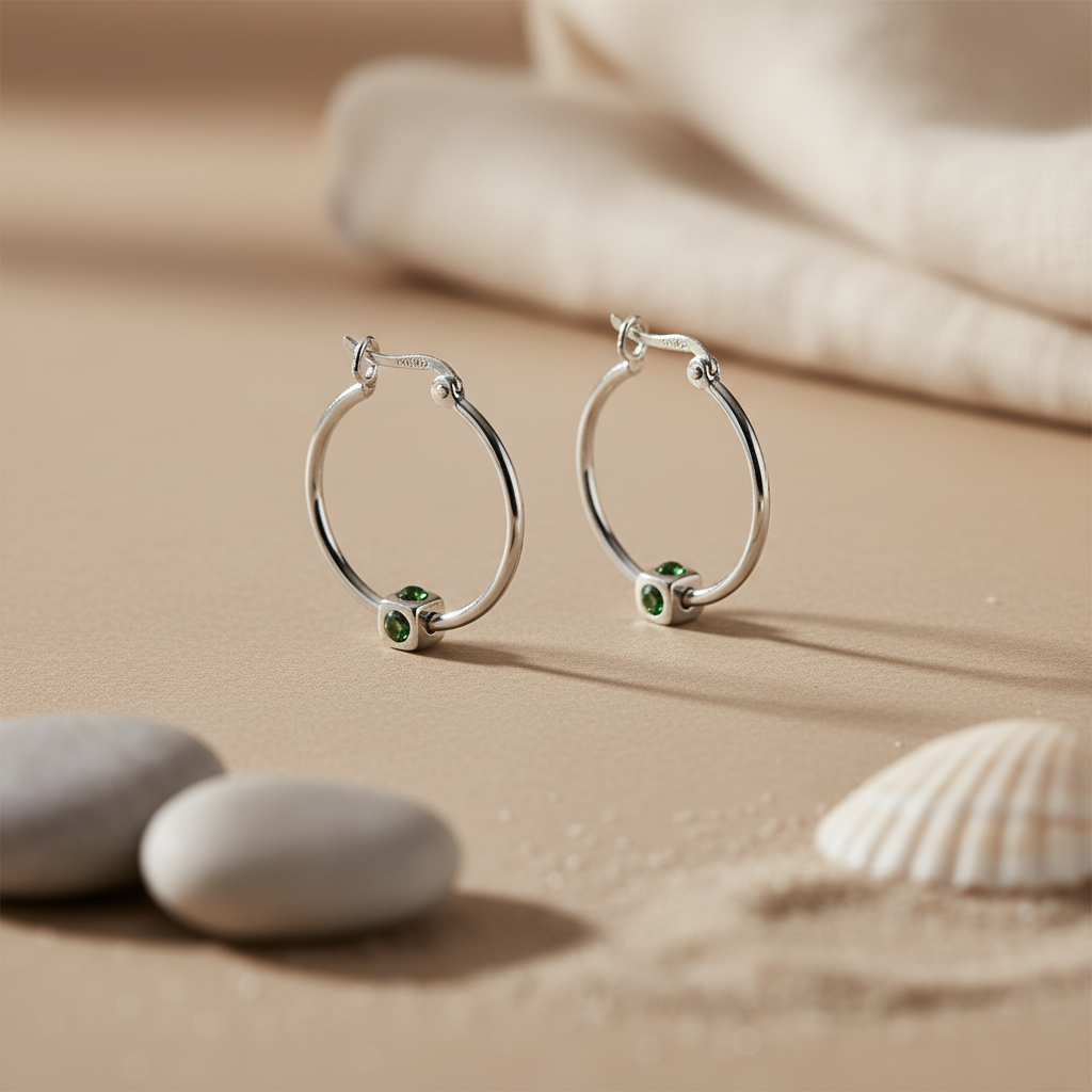 Silver Hoop Earrings with Green Gemstone | Women's Jewelry