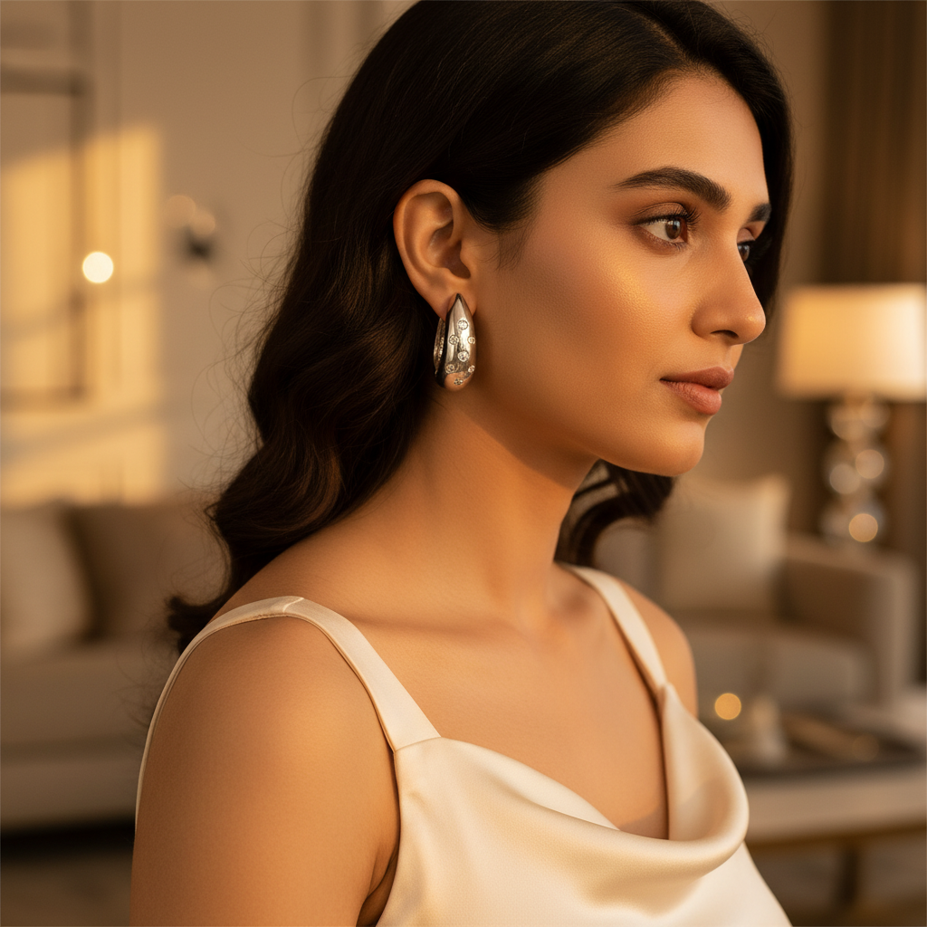 Silver Hoop Earrings with CZ Accents for Women | Daily Wear