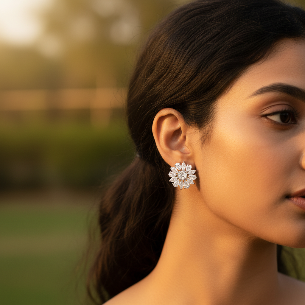 女士银色立方氧化锆花朵耳环 | 垂坠耳环