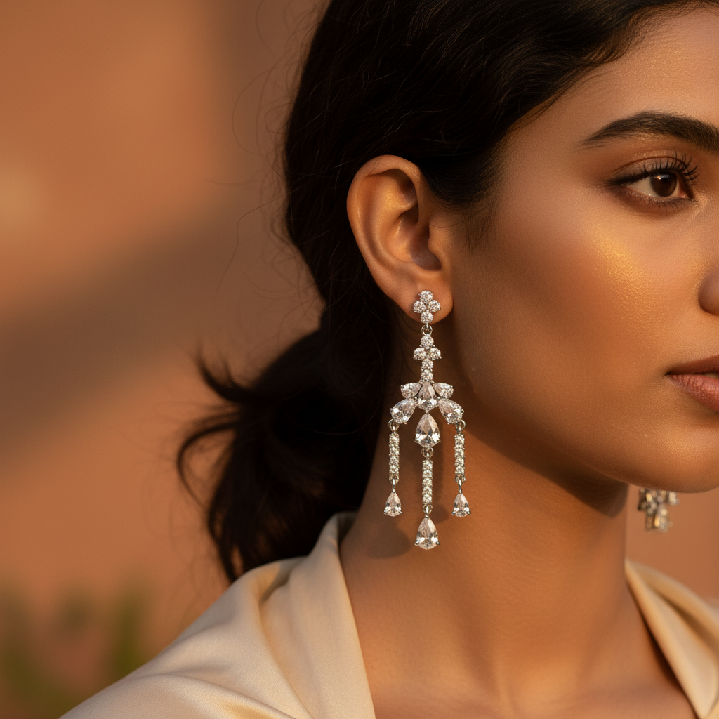 银色吊灯耳环，镶嵌立方氧化锆 | 女士珠宝