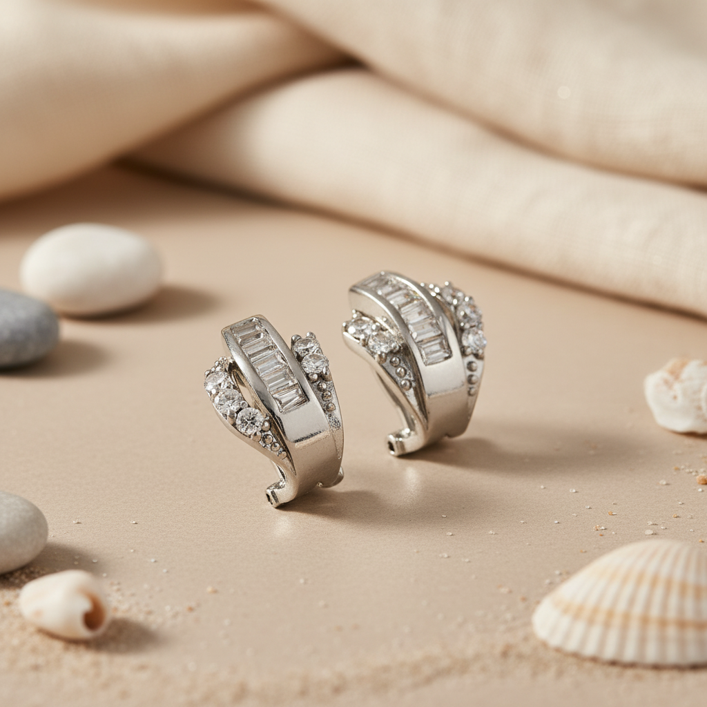 Silver Baguette and Round Cut Earrings for Women | Dainty Jewelry