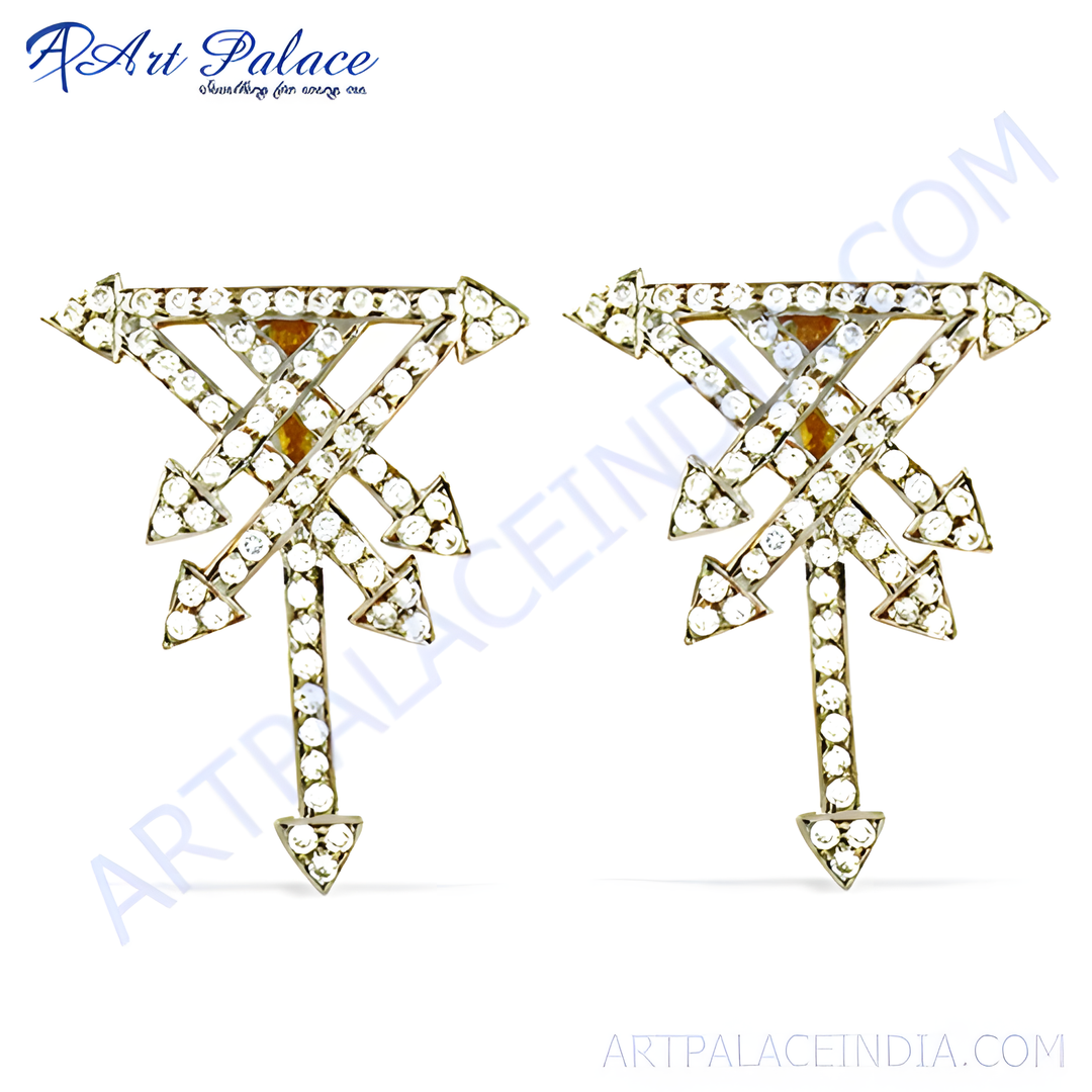 Gold arrow stud earrings with diamond accents. Women's jewelry with a unique arrow design.
