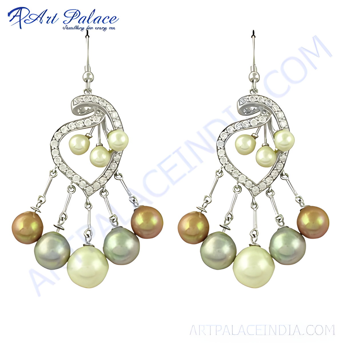Silver chandelier earrings featuring multiple pearls in various colors, perfect for a special occasion or adding a touch of elegance to any outfit