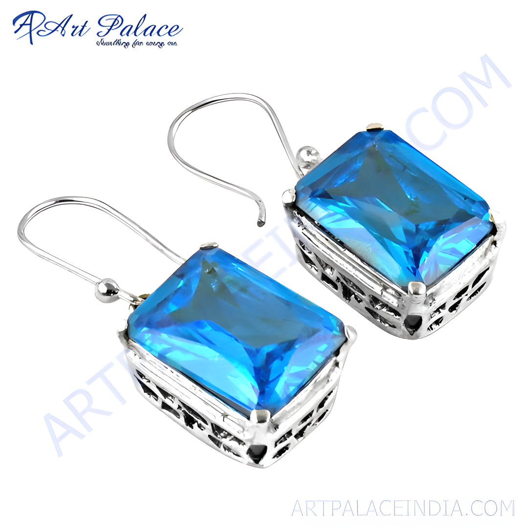 925 sterling silver dangle earrings with rectangular-cut blue topaz gemstones, for women