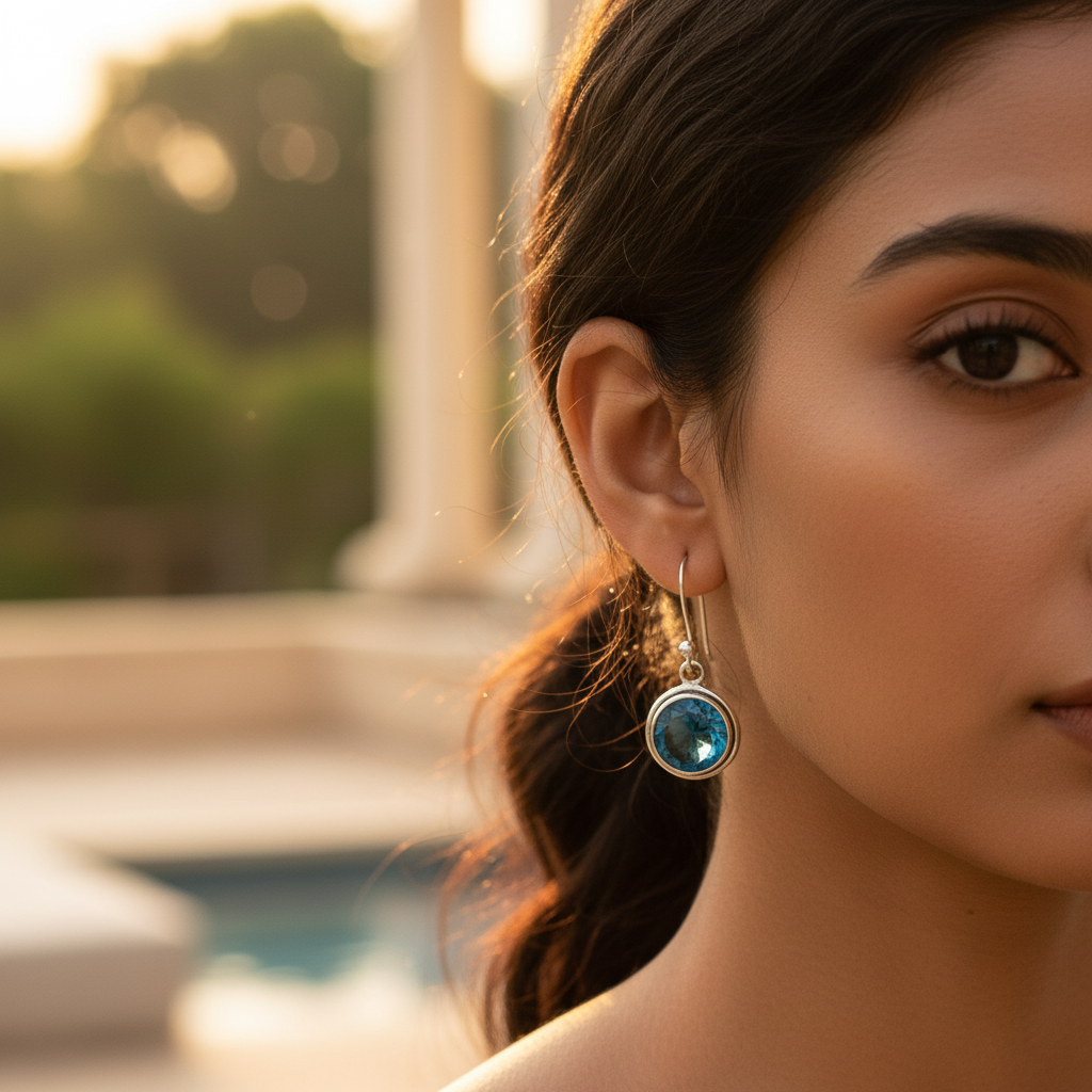 925银蓝色托帕石耳环，女士款 | 垂坠式耳环