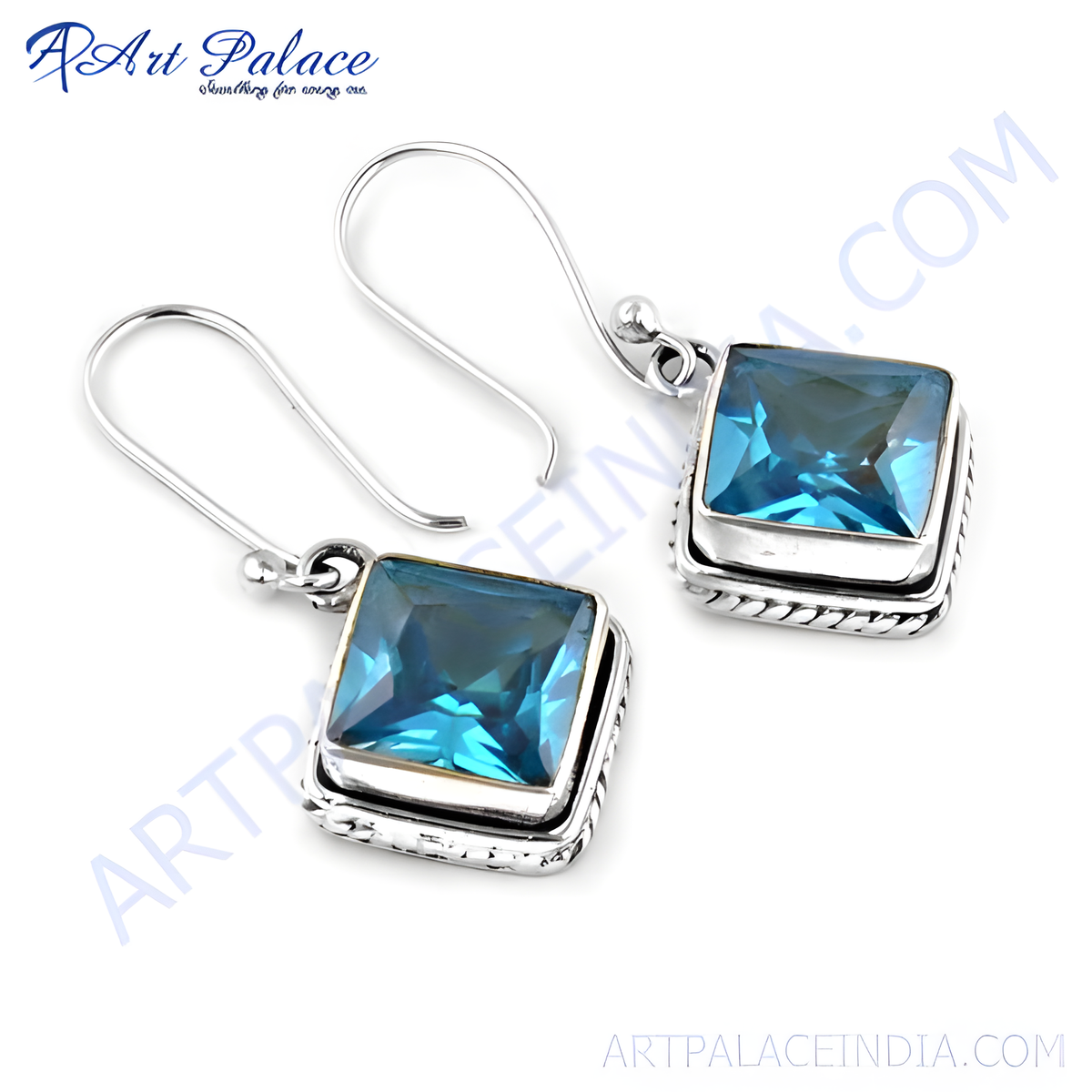 925 sterling silver dangle earrings with square cut blue topaz gemstones