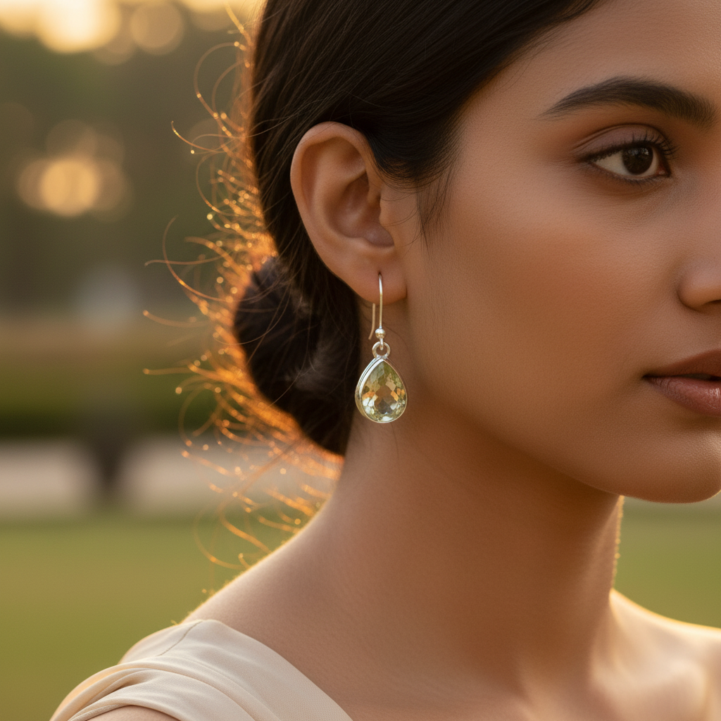 925 Silver Green Amethyst Teardrop Earrings for Women