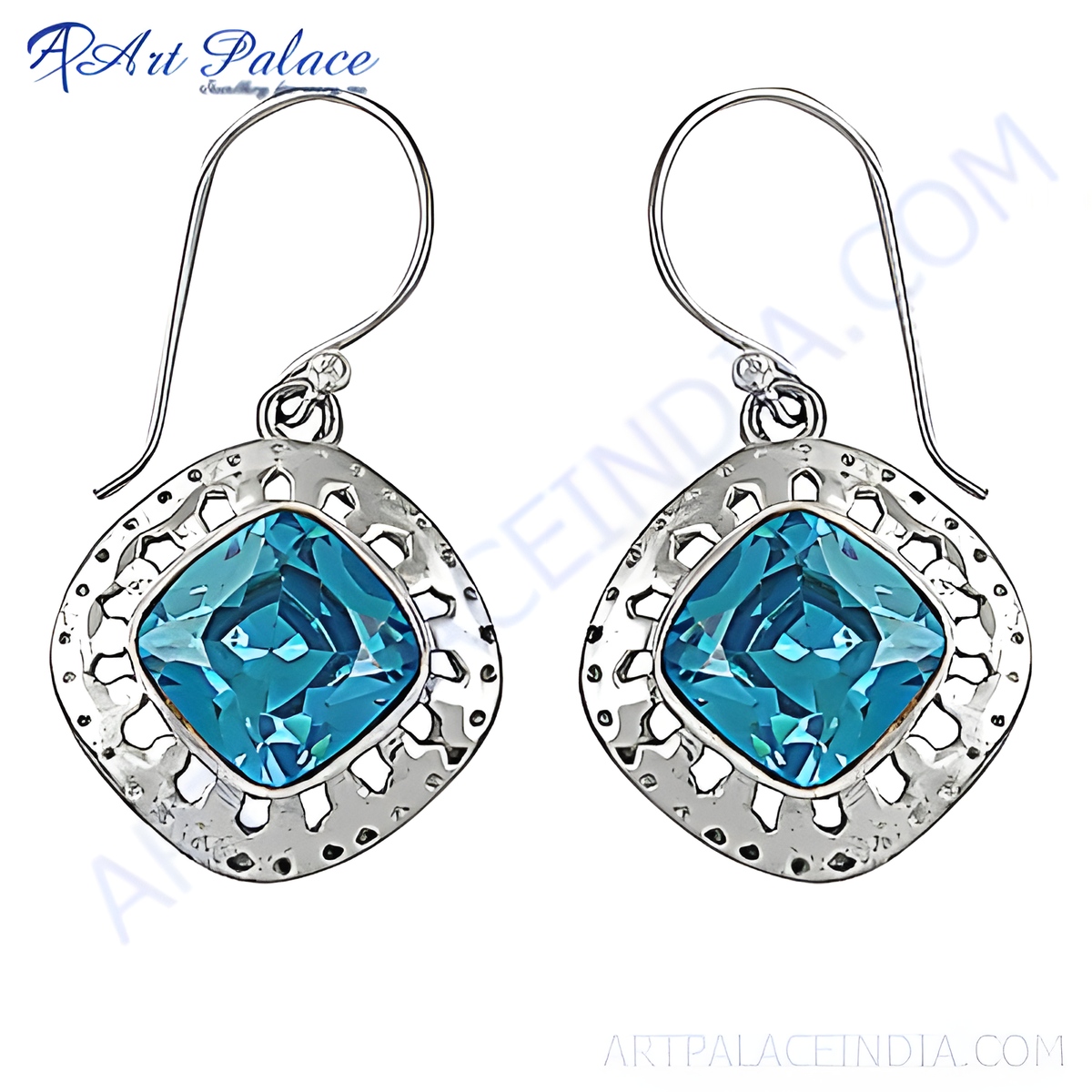 925 sterling silver drop earrings with square cut blue topaz gemstones