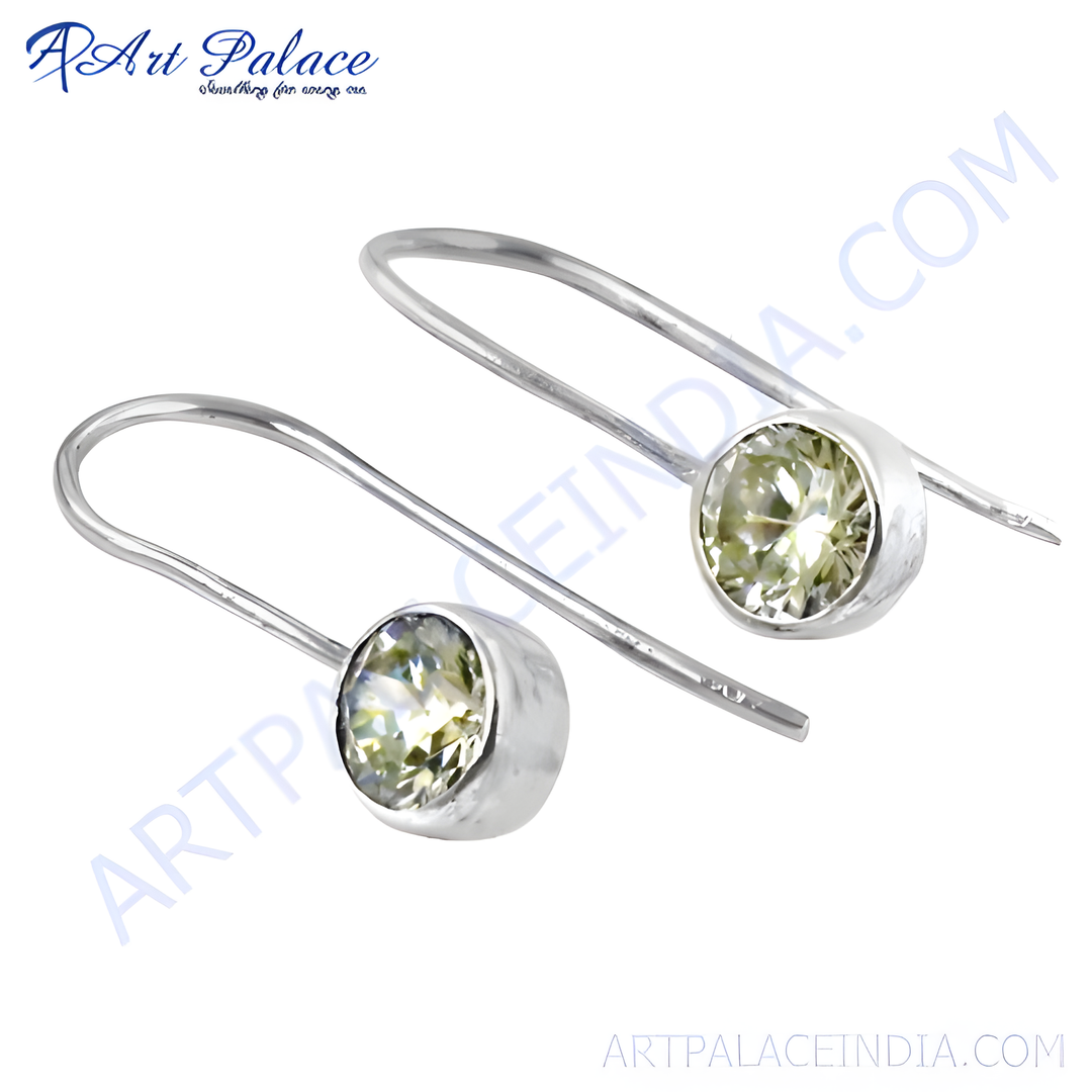 925 sterling silver drop earrings with a round, light-green gemstone, showcased on a white background.