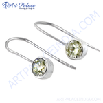 Load image into Gallery viewer, 925 sterling silver drop earrings with a round, light-green gemstone, showcased on a white background.

