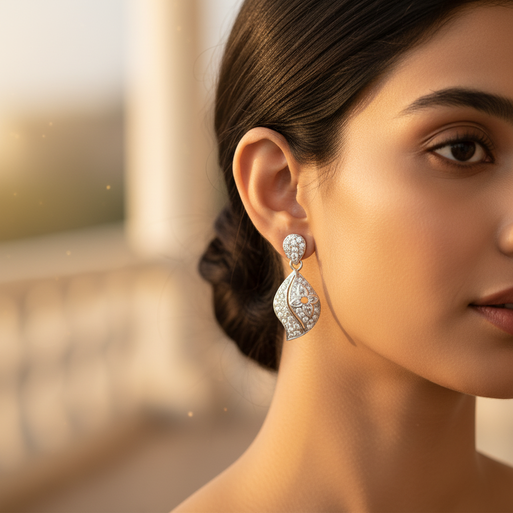 925 silver leaf earrings with crystals | for women