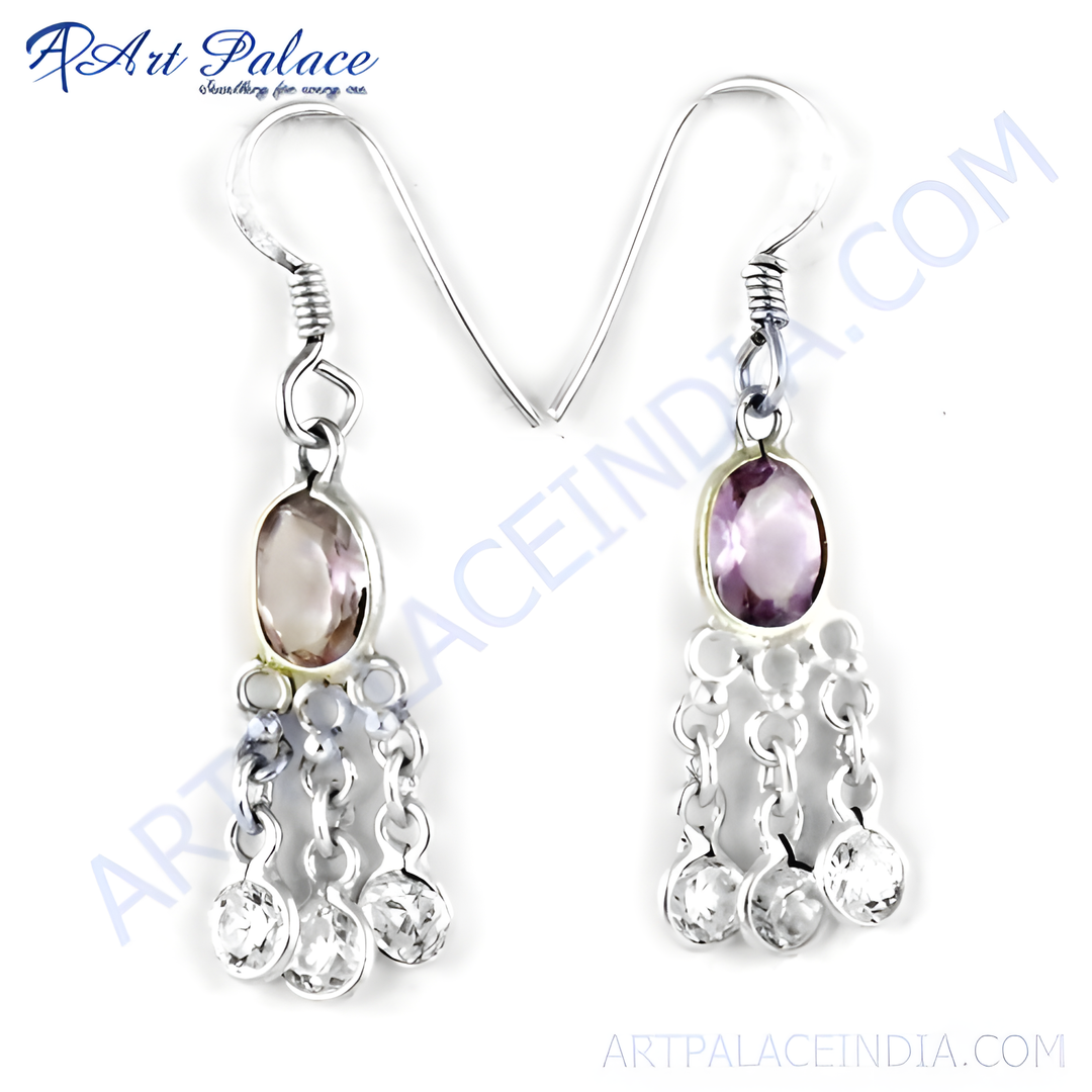 925 sterling silver dangle earrings with amethyst and cubic zirconia gemstones.