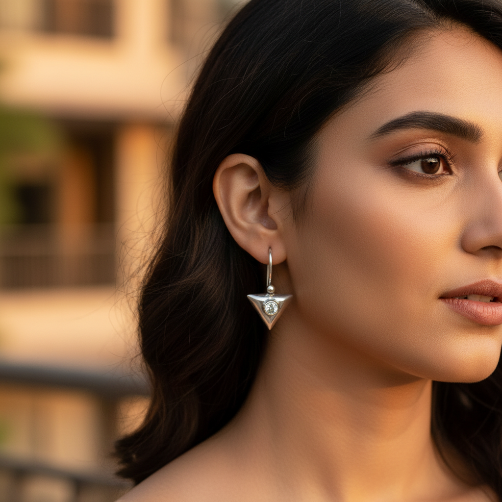 925 Silver Triangle Earrings with Gemstone | For Women