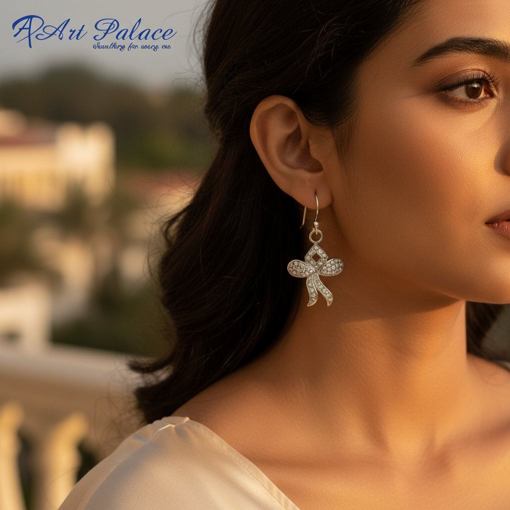 镶嵌立方氧化锆石的银色蝴蝶结耳环 | 女士珠宝礼品