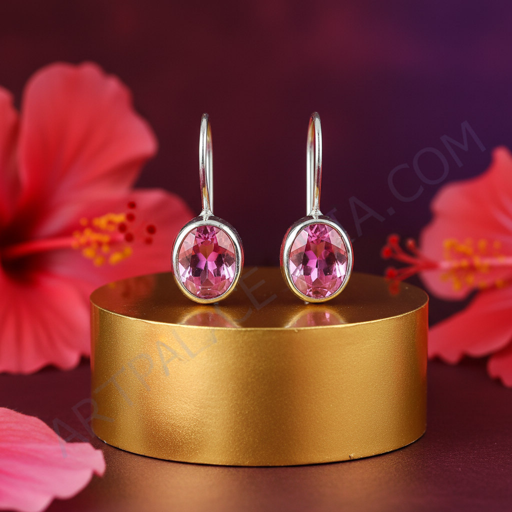 Silver Pink Gemstone Earrings for Women | Dangle Earrings
