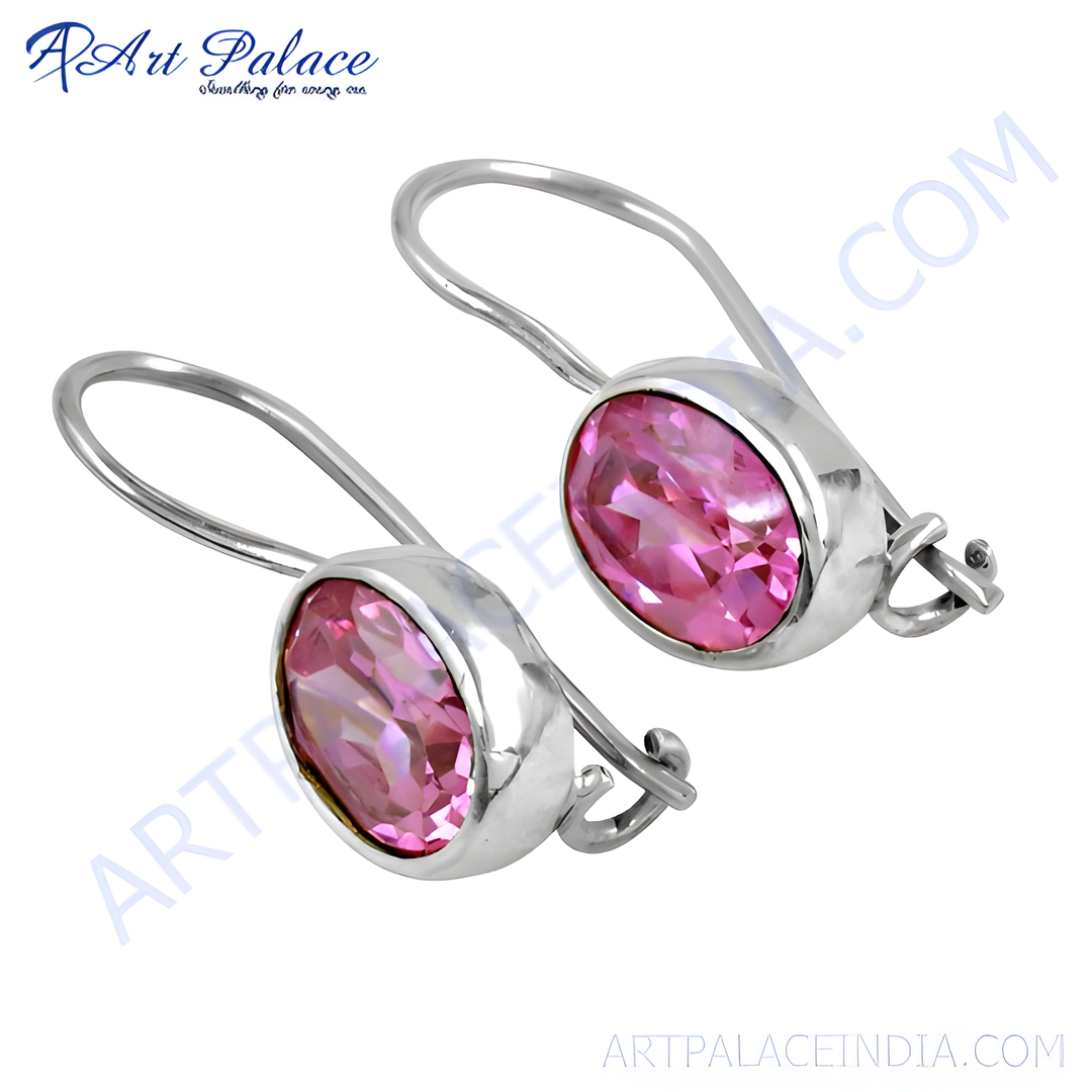 Sterling silver dangle earrings with a pink gemstone for women.