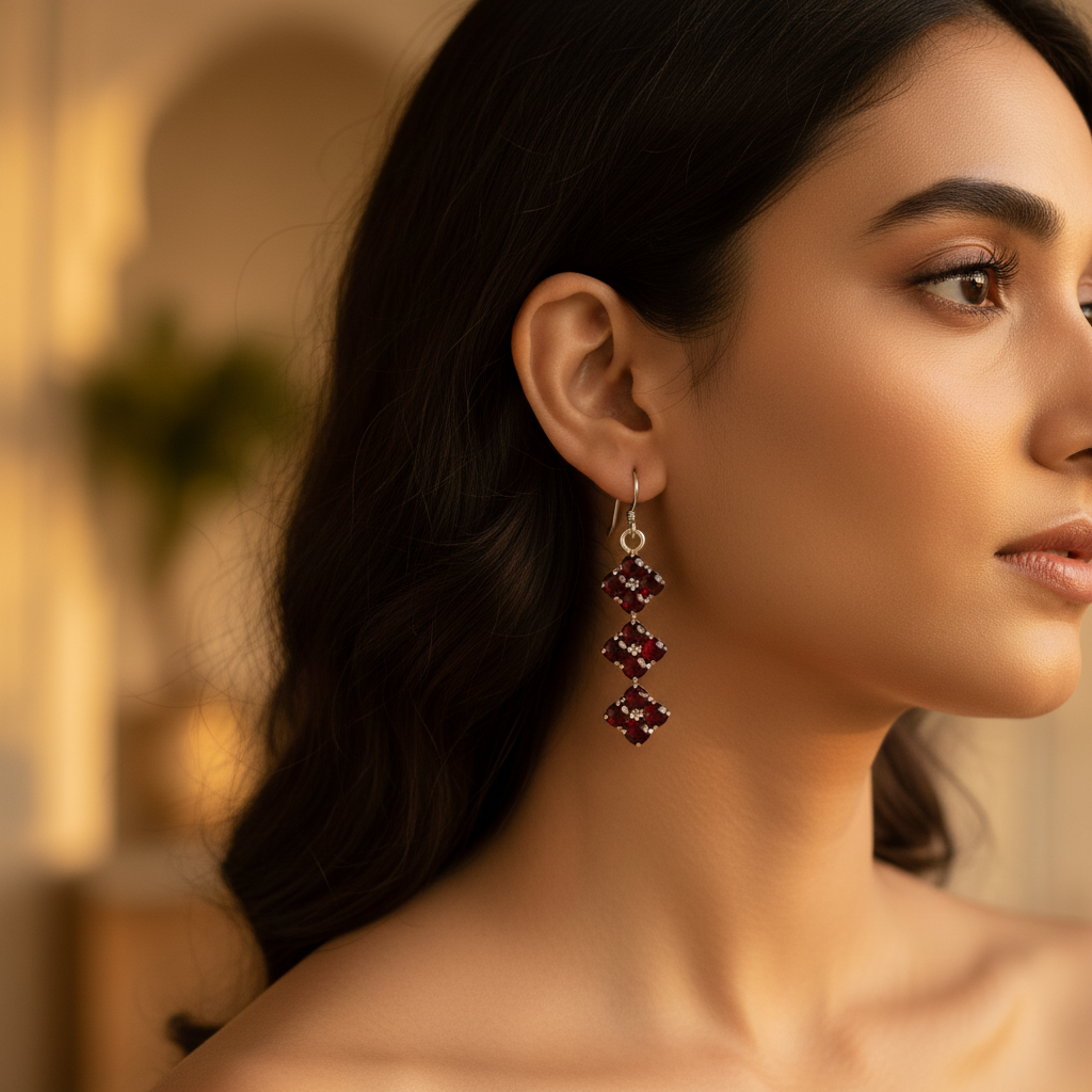 925 Silver Garnet Drop Earrings for Women | Gemstone Jewelry