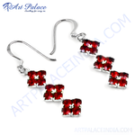 Load image into Gallery viewer, 925 sterling silver drop earrings with square clusters of vibrant red garnet gemstones.
