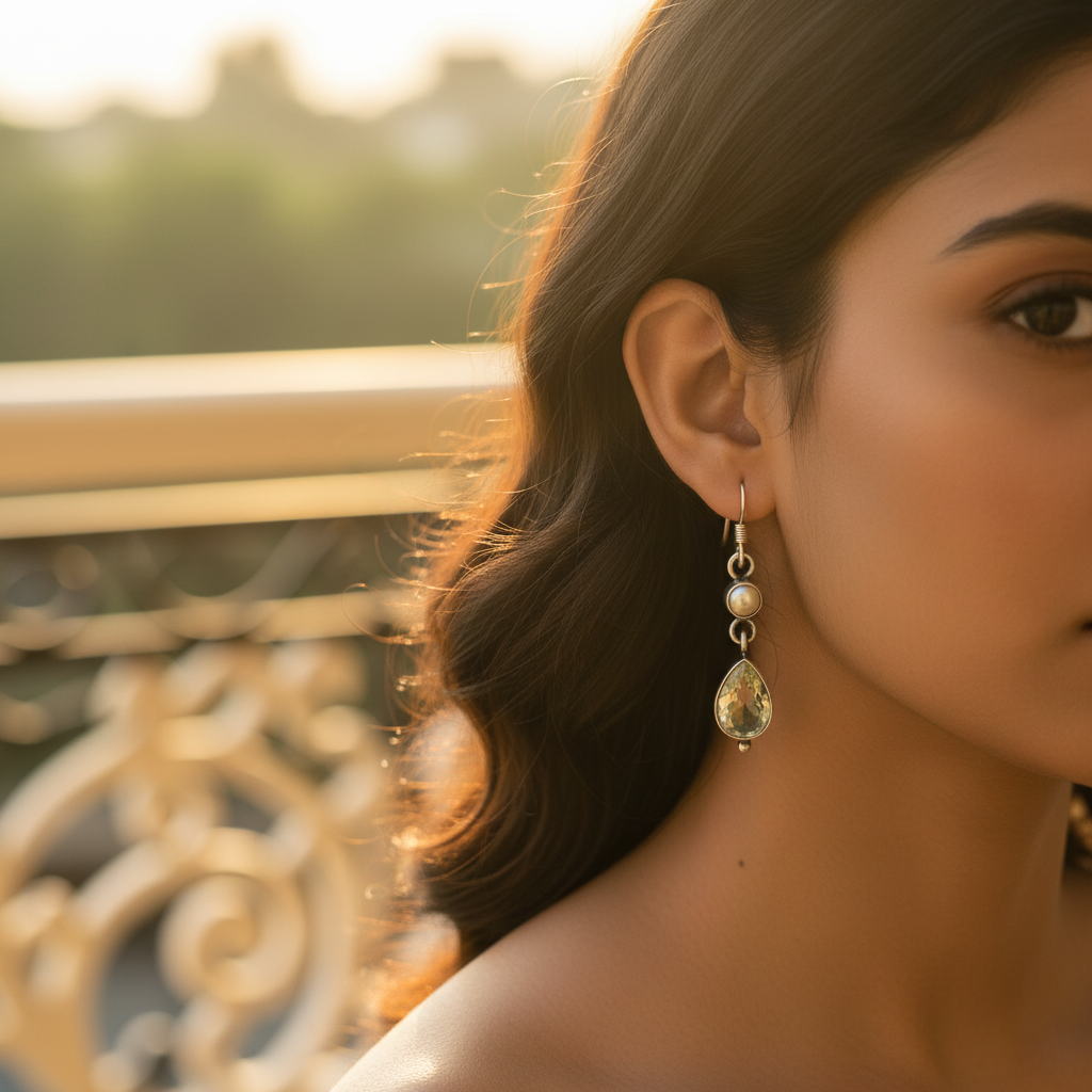 925纯银黄水晶珍珠水滴耳环，女士款 | 礼物