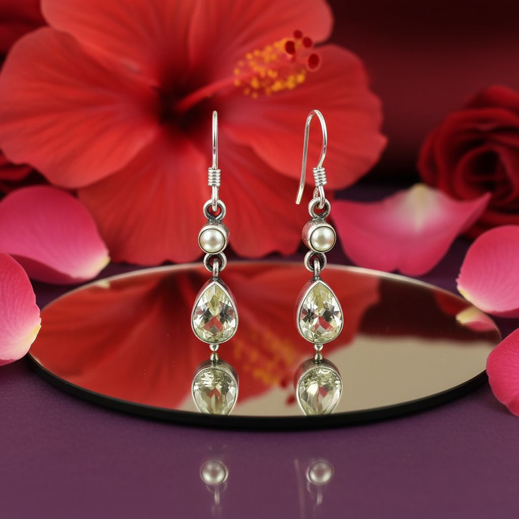 925纯银黄水晶珍珠水滴耳环，女士款 | 礼物
