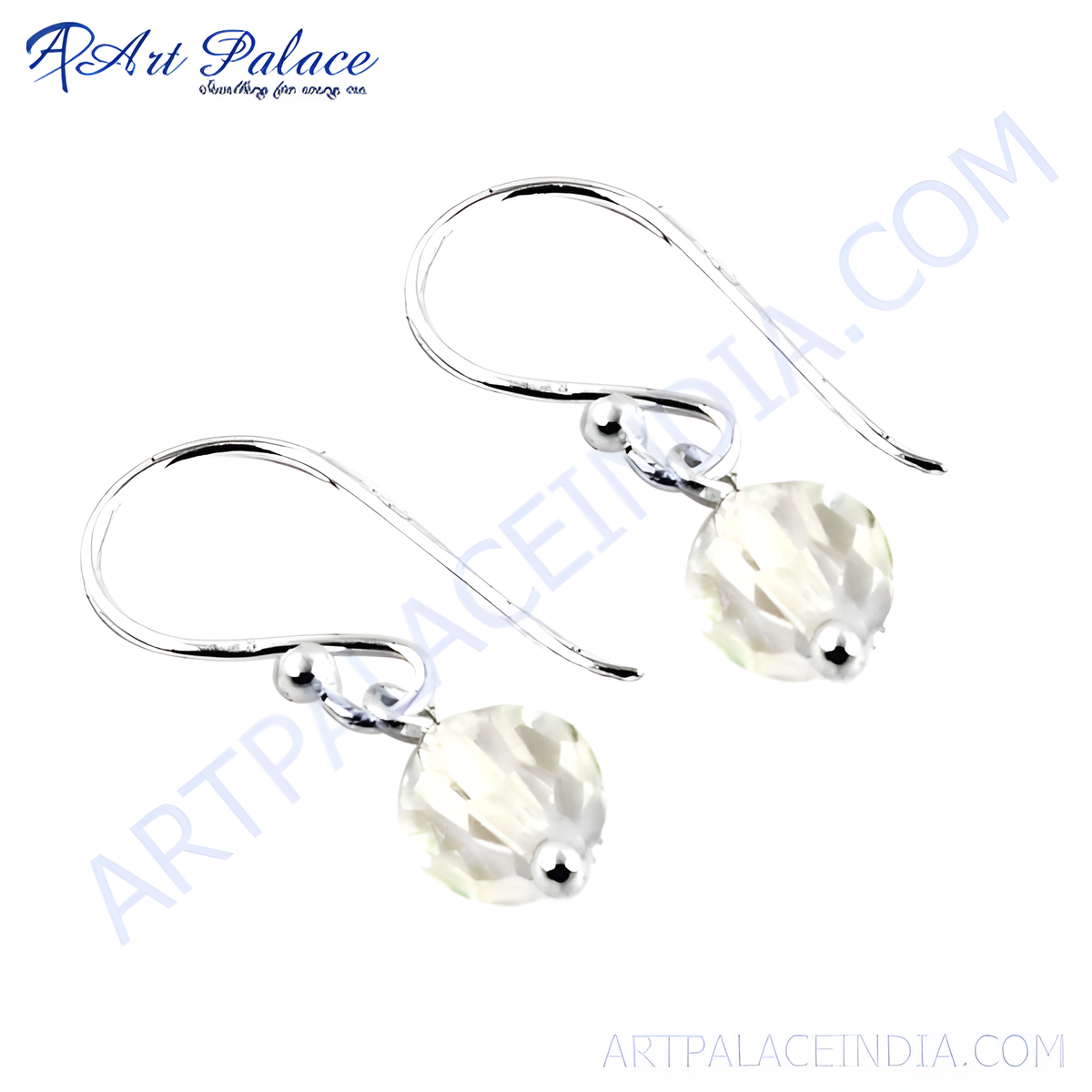 Sterling silver drop earrings with faceted crystal drops, white gemstone earrings