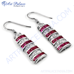Load image into Gallery viewer, Silver dangle drop earrings featuring ruby and diamond gemstones.
