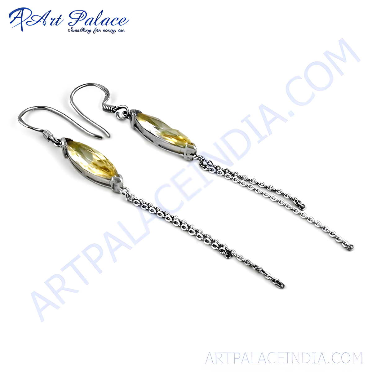 Sterling silver dangle earrings with marquise cut yellow citrine gemstones and chain detail