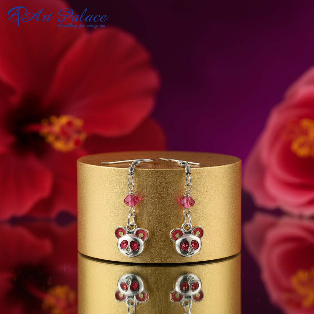 Pendientes colgantes de oso de plata para mujer | Joyería de cristal rosa