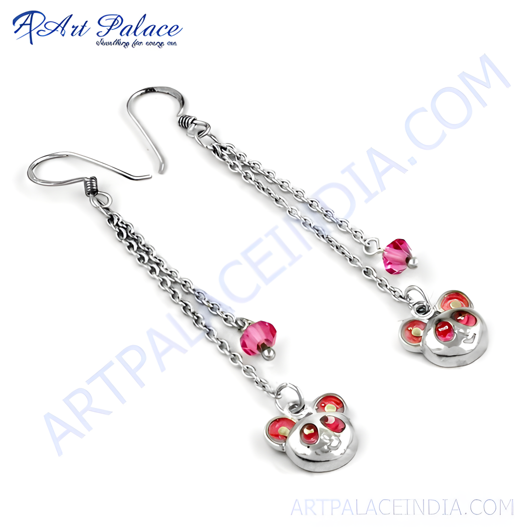 Silver bear dangle earrings with pink crystal accents, a unique and stylish jewelry piece for women.