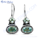 Load image into Gallery viewer, 925 sterling silver drop earrings with green oval and diamond cut gemstones
