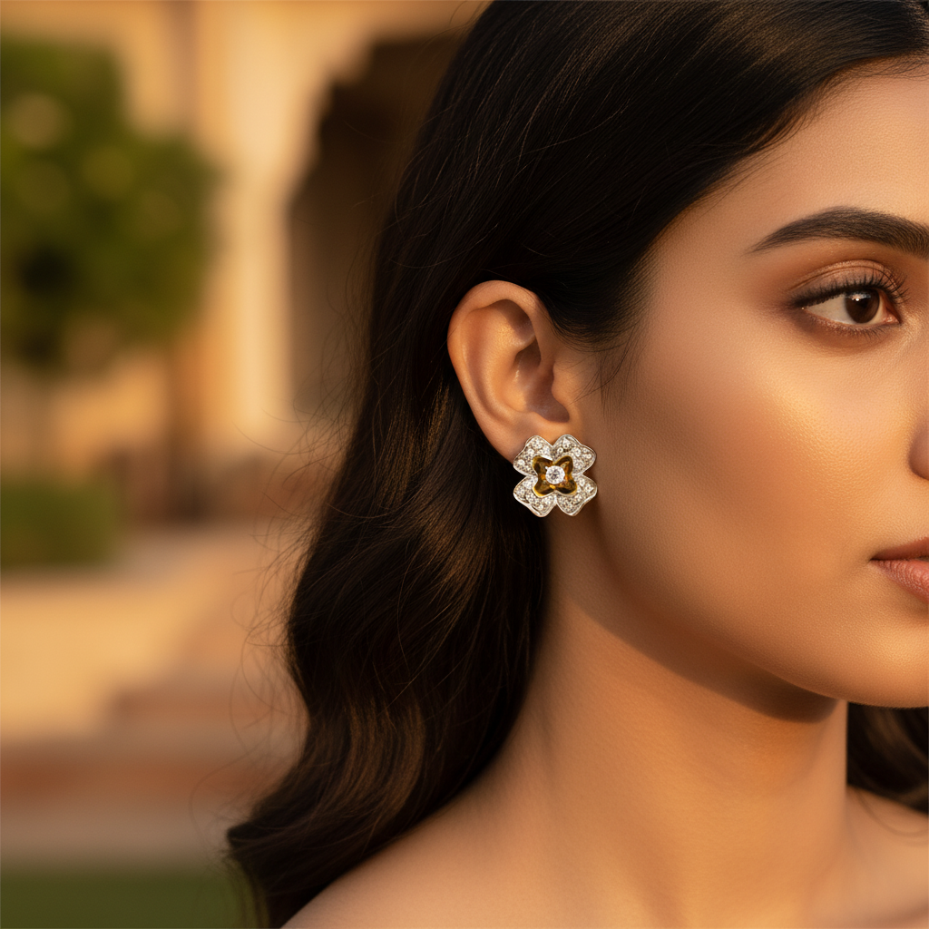 Floral Diamond Stud Earrings | Silver Jewelry for Women