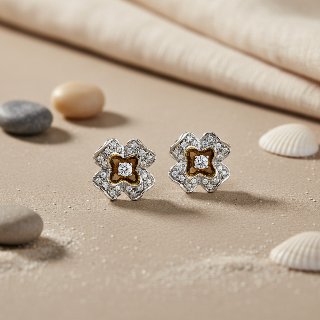 Floral Diamond Stud Earrings | Silver Jewelry for Women