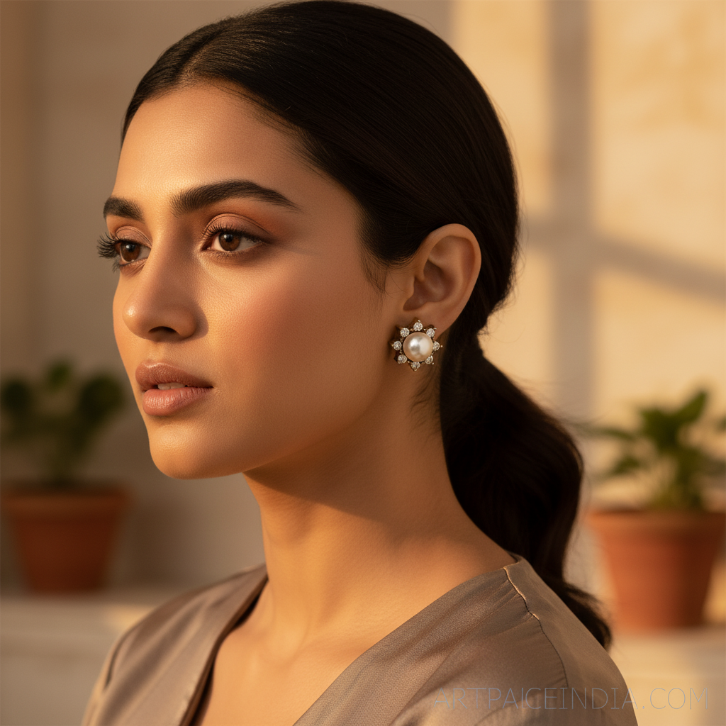 Gold Pearl & Diamond Stud Earrings for Women | Elegant Jewelry