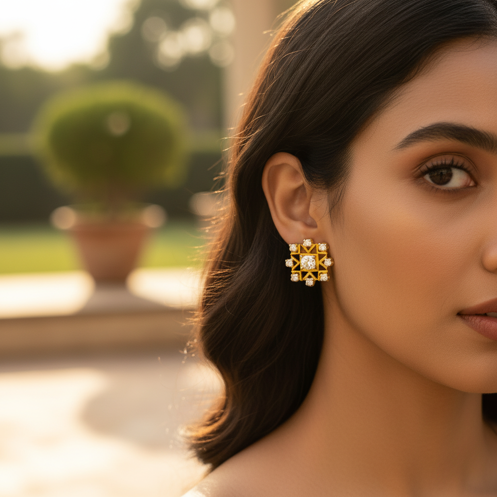 Gold Diamond Stud Earrings for Women | Floral Design