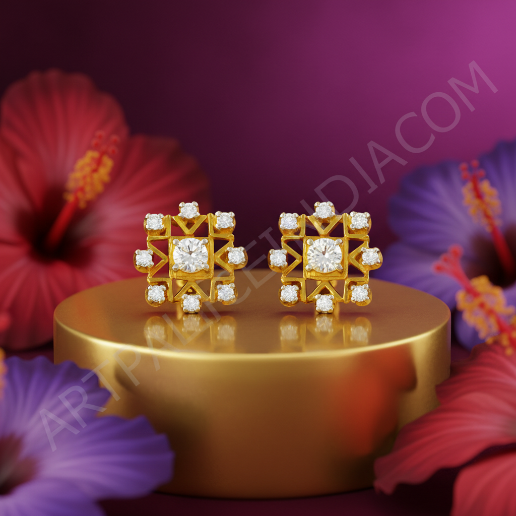 Gold Diamond Stud Earrings for Women | Floral Design